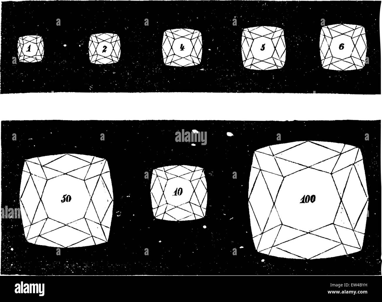 Diamant-Größen von verschiedenen Gewichten, graviert Vintage Illustration. Industrielle Enzyklopädie E.-O. Lami - 1875. Stock Vektor