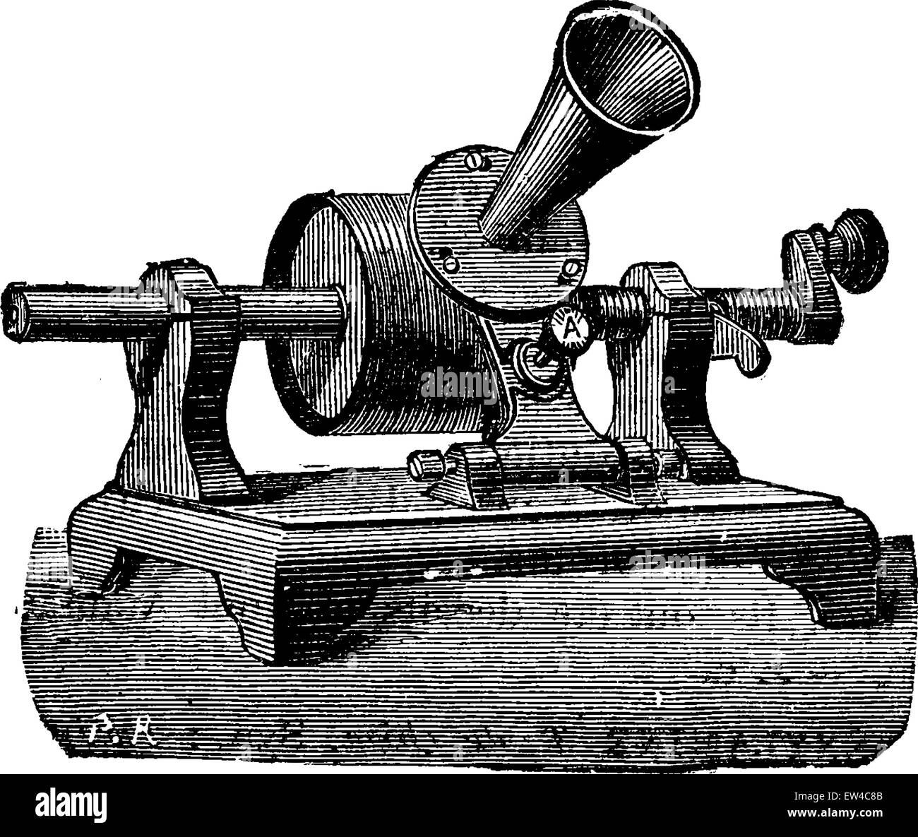 Edison Phonograph, graviert Vintage Illustration. Industrielle Enzyklopädie E.-O. Lami - 1875. Stock Vektor