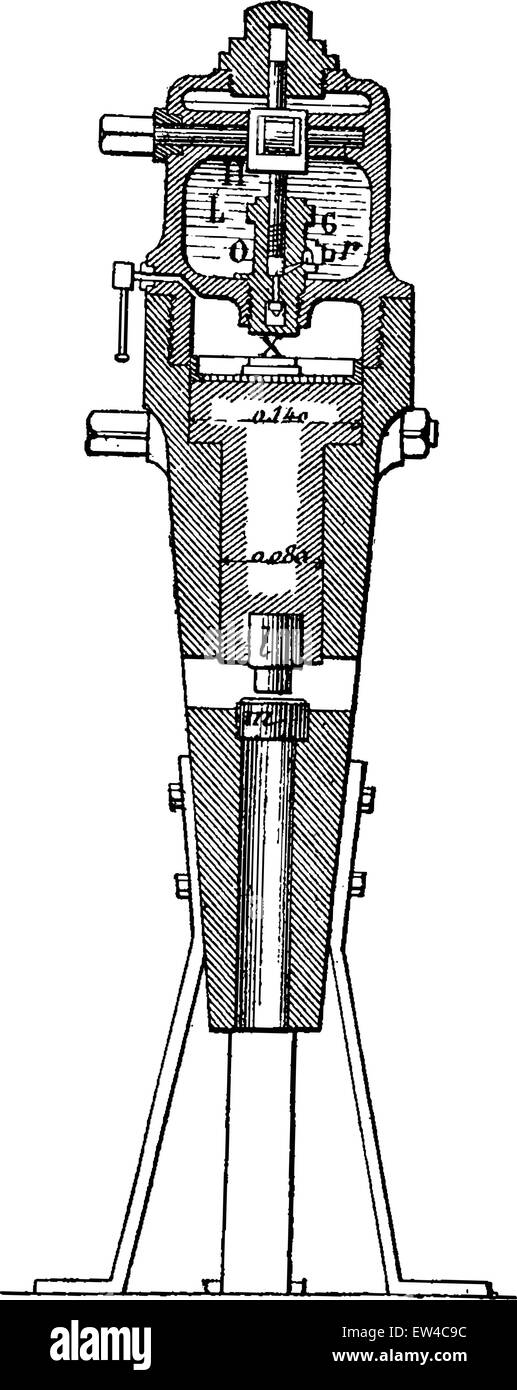 Tragbaren hydraulischen Stanzmaschine von Hand mittels einer Pumpe gesteuert, Vintage eingravierten Abbildung. Industrielle Enzyklopädie E.-O. Lami - 1875. Stock Vektor