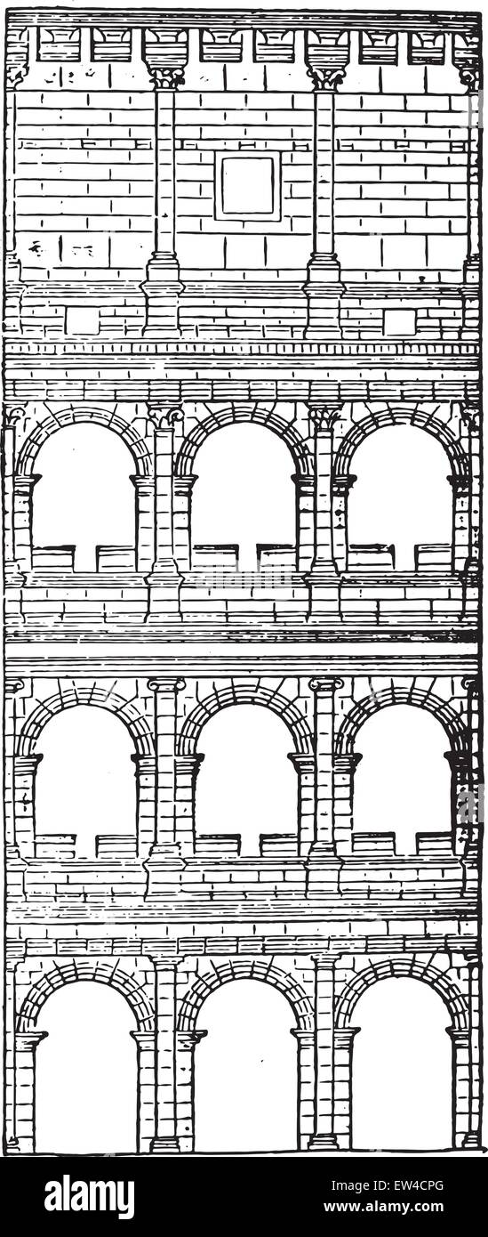 Abschnitt und die Höhe des Kolosseums, unter Titus abgeschlossen, Vintage eingravierten Abbildung. Industrielle Enzyklopädie E.-O. Lami - 1875. Stock Vektor