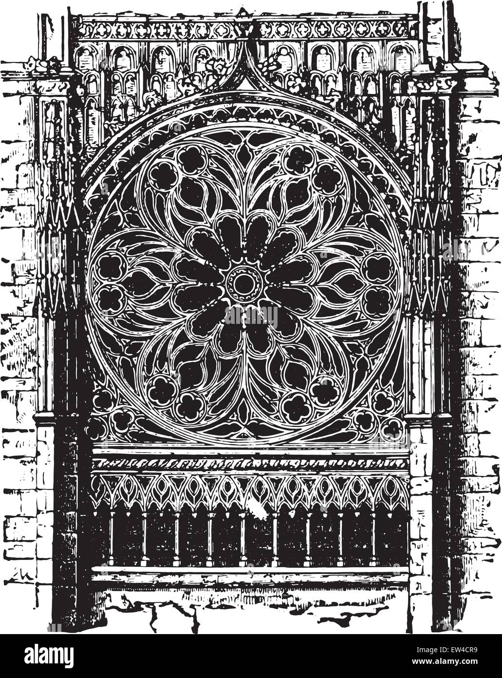 Rose von der Kathedrale von Rouen, der vierzehnten Jahrhundert, Vintage eingravierten Abbildung. Industrielle Enzyklopädie E.-O. Lami - 1875. Stock Vektor