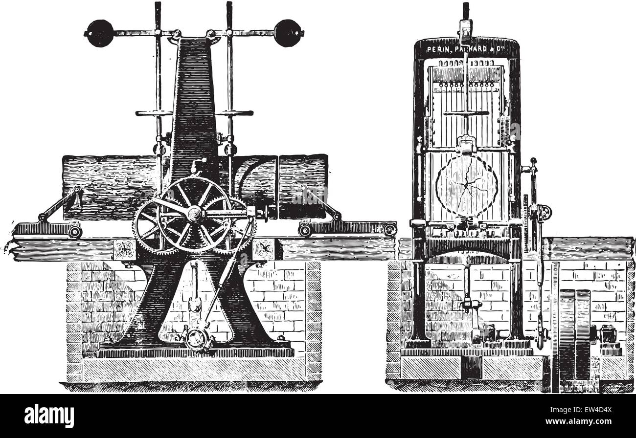 Vertikale oszillierende Sägeblatt mit mehreren Lkw für Protokolle, Vintage eingravierten Abbildung. Industrielle Enzyklopädie E.-O. Lami - 1875. Stock Vektor