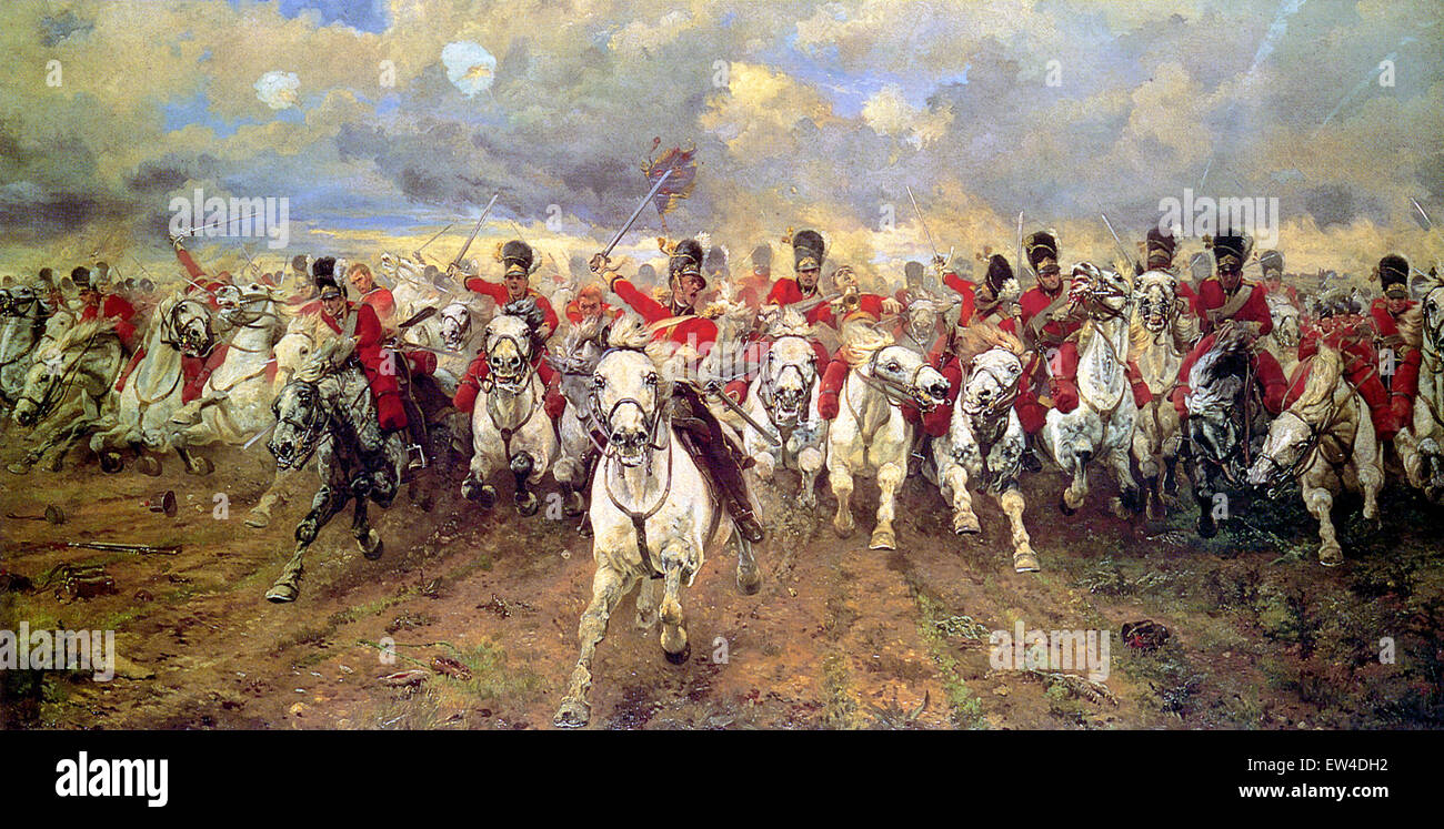 "Scotland Forever! ist ein 1881 Gemälde von Lady Butler mit Jahresbeginn die Kavallerie von der Royal Scots Greys, die neben der britischen schweren Kavallerie in der Schlacht bei Waterloo 1815 während der napoleonischen Kriege angeklagt. " Stockfoto