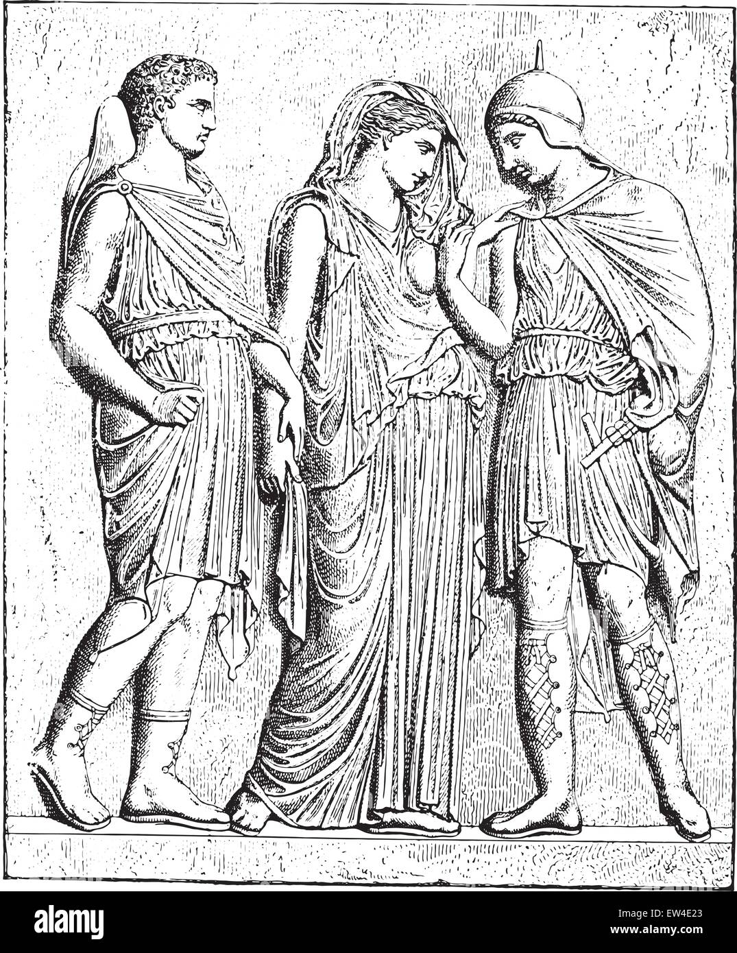 Antiope und sein Sohn (Relief im Louvre), Jahrgang graviert Abbildung. Stock Vektor