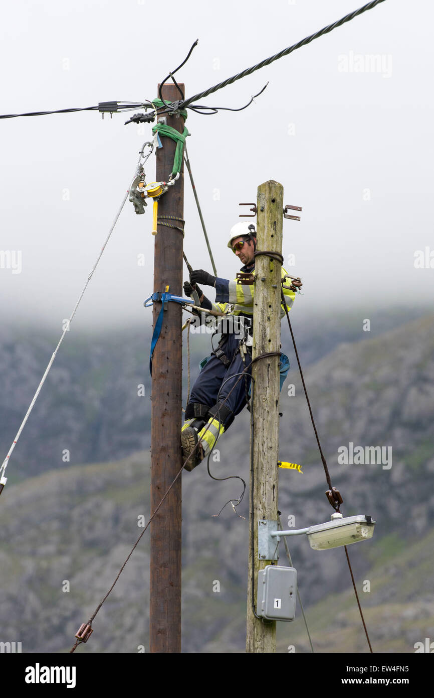 Ein Ingenieur führt Wartungsarbeiten an ein Strom Strommast im ländlichen Norden von Wales. Stockfoto
