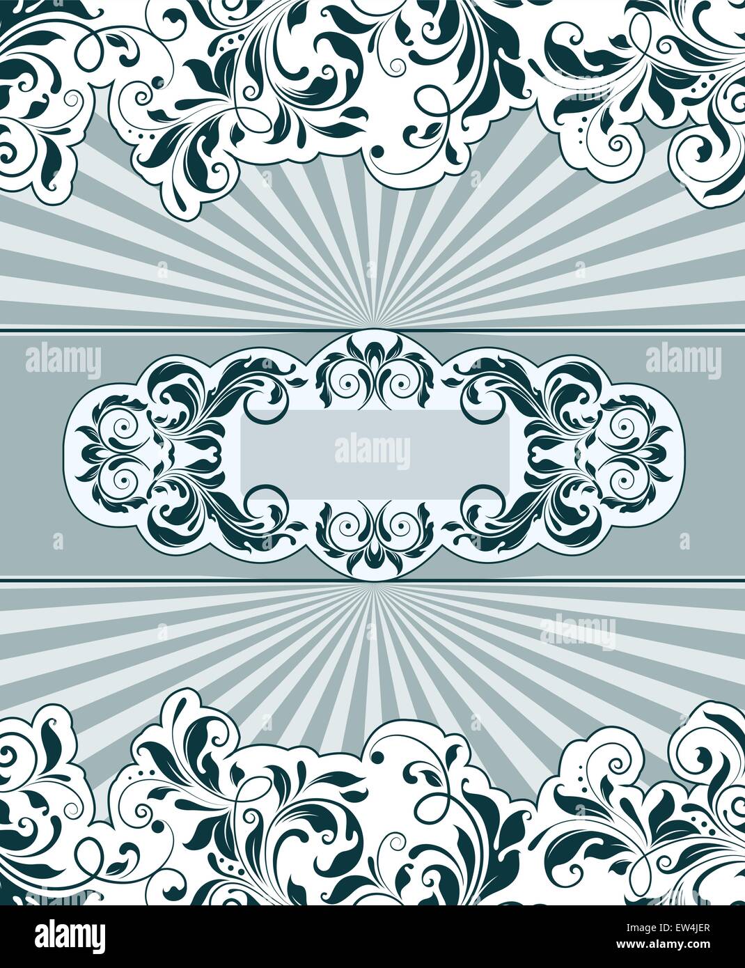 Vintage Einladungskarte mit verzierten Elegante abstrakt Floral Design, grünlich-schwarze Blumen auf weißem Hintergrund mit Cambridge Blue Ribbon und Strahlen. Vector Illustration. Stock Vektor