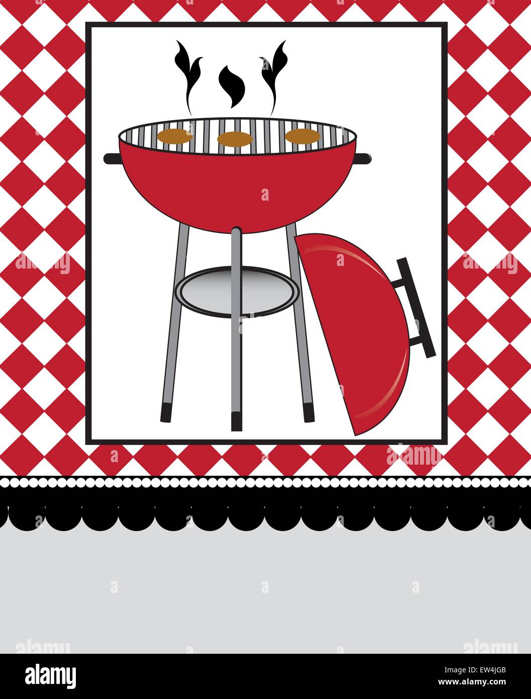Vintage Grillparty Einladungskarte mit verzierten elegante Retro Design, rot Grill auf karierten roten und weißen Hintergrund. Vector Illustration. Stock Vektor