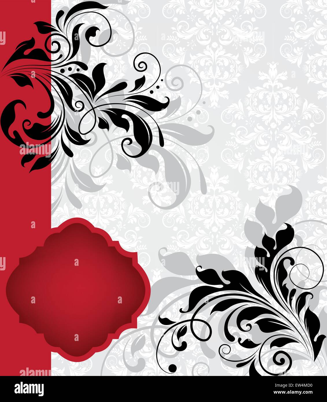 Vintage Einladungskarte mit reich verzierten eleganten abstrakten floralen Design, schwarz auf grau mit roten Spalte. Vektor-Illustration. Stock Vektor