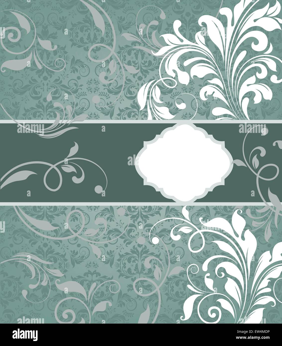 Vintage Einladungskarte mit reich verzierten eleganten abstrakten floralen Design, grau und weiß auf Petrol grün. Vektor-Illustration. Stock Vektor