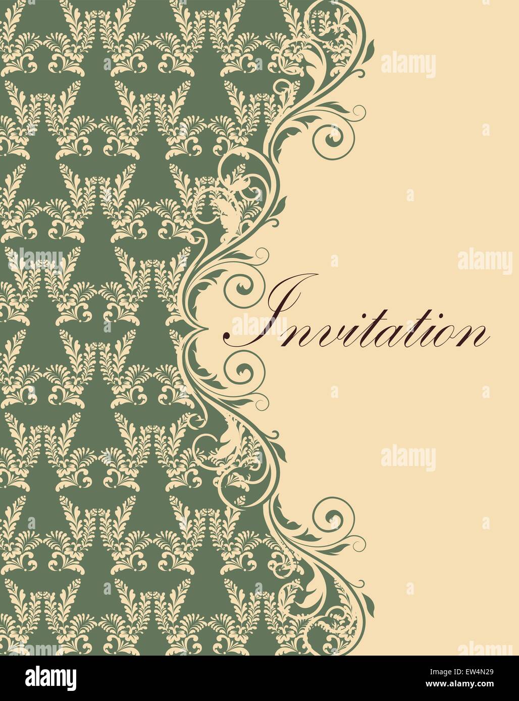 Vintage Einladungskarte mit verzierten elegante Retro abstrakt Floral Design, hellgelben Blüten und Blätter auf Laurel grünen und hellgelben Hintergrund mit Text beschriften. Vector Illustration. Stock Vektor