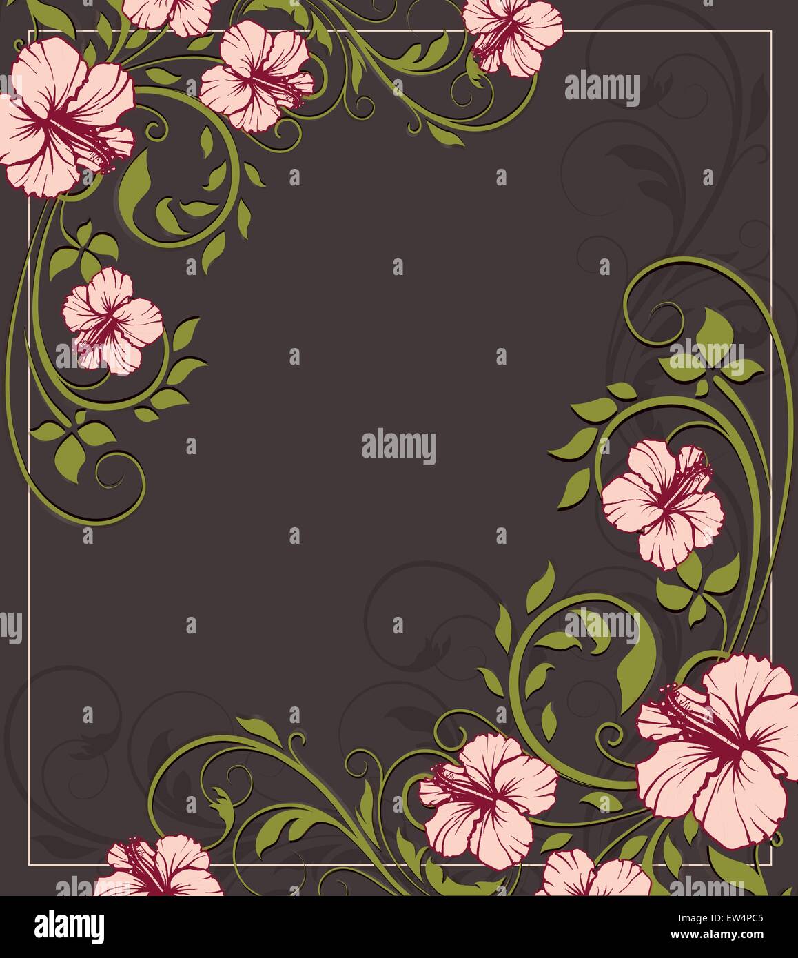 Vintage Einladungskarte mit verzierten elegante Retro abstrakt Floral Design, Licht rot Blumen und Olivenbäumen, grüne Blätter auf dunklem Grau-braunen Hintergrund mit Rahmen und Beschriftung. Vector Illustration. Stock Vektor