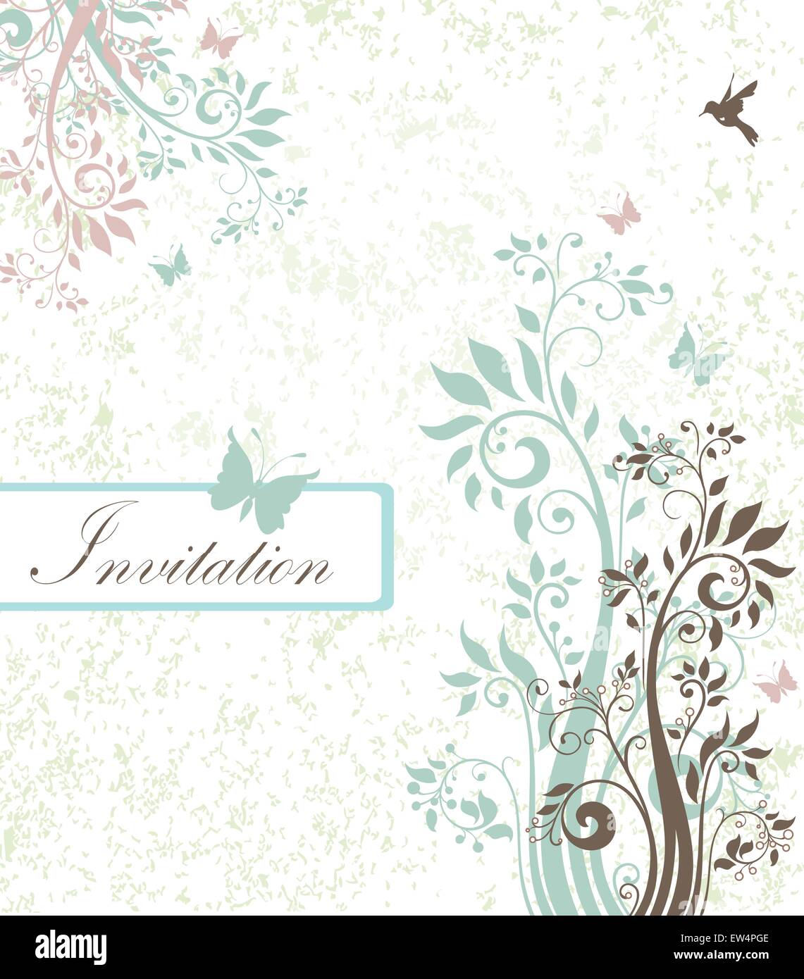 Vintage Einladungskarte mit verzierten elegante Retro abstrakt Floral Design, Licht teal und Licht grau braun Blumen und Blättern auf hellem Grün und weißen Hintergrund mit Schmetterlingen, Vögeln und Beschriftung. Vector Illustration. Stock Vektor