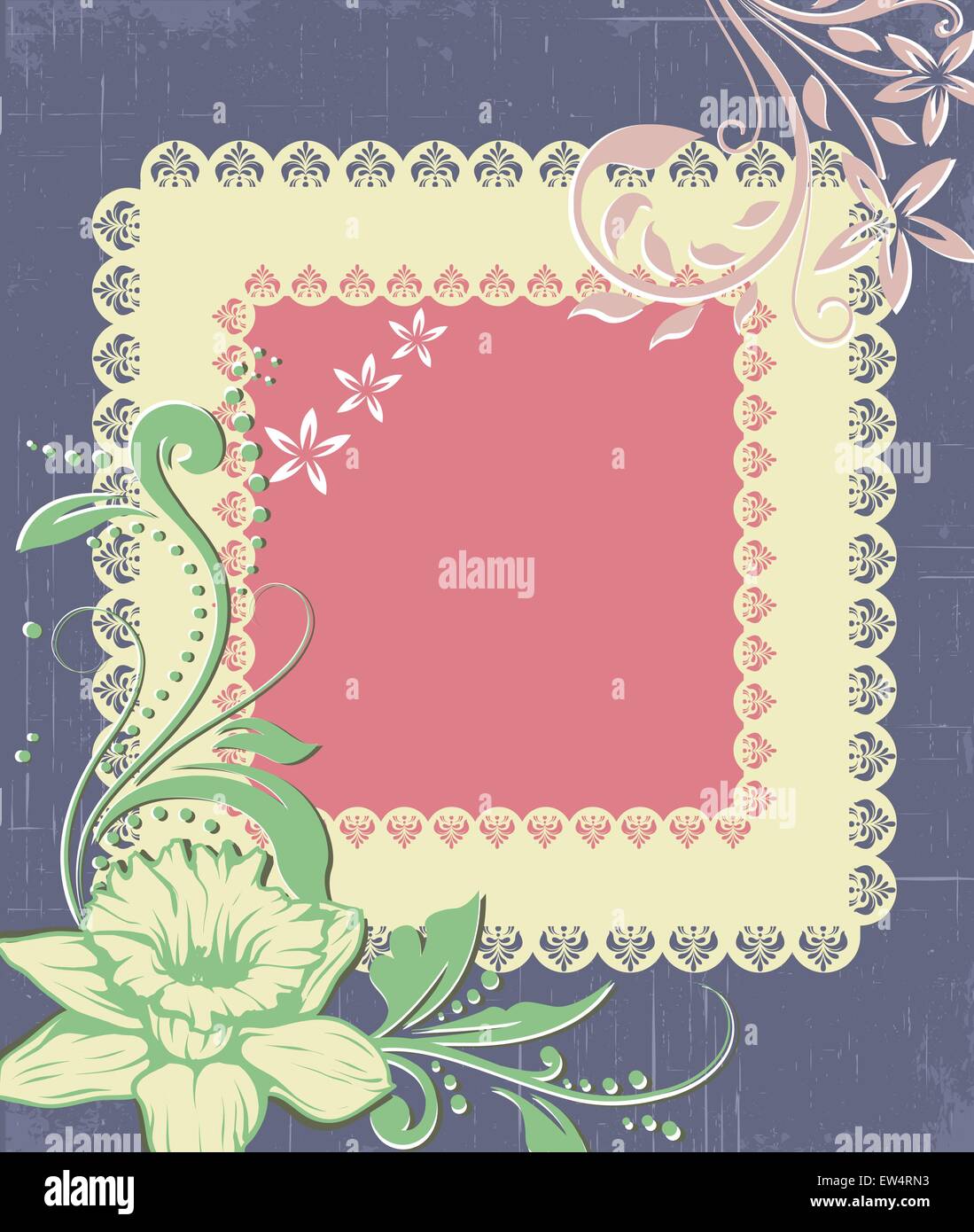Vintage Einladungskarte mit verzierten elegante Retro abstrakt Floral Design, Laurel green Pink und Grau-violetten Blüten und Blätter auf Rosa, leicht gelb und grau violett unterlegt mit Rahmen. Vector Illustration. Stock Vektor