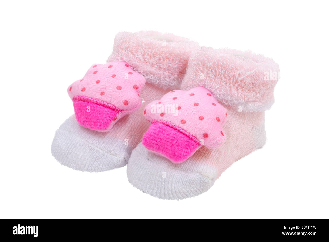 Rosa Babysocken, auf weißem Hintergrund Stockfoto