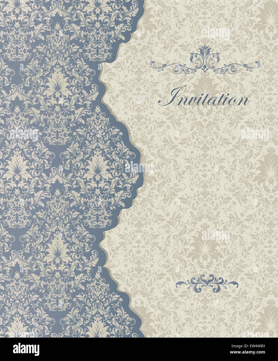 Vintage Einladungskarte mit verzierten elegante Retro abstrakt Floral Design, hellgrau Blumen und Blätter auf grau-blau und hellgrau Hintergrund mit Text beschriften. Vector Illustration. Stock Vektor