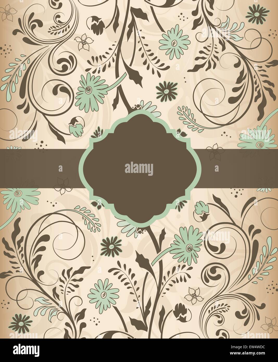 Vintage Einladungskarte mit verzierten elegante Retro abstrakt Floral Design, Licht grün und grau-braunen Blüten und Blätter auf hellbraunem Hintergrund mit Band und eine Plakette. Vector Illustration. Stock Vektor