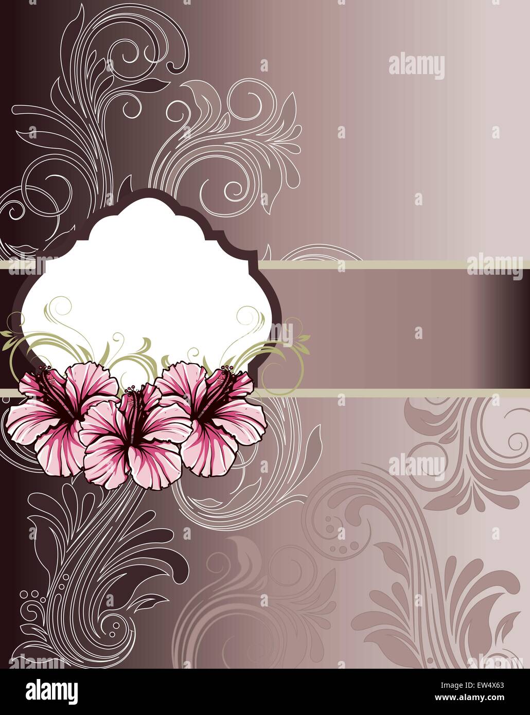 Vintage Einladungskarte mit verzierten elegante Retro abstrakt Floral Design, Schokolade braun und grau bis hellbraun Blumen und Blätter auf braunem Hintergrund verblasst mit Band und eine Plakette. Vector Illustration. Stock Vektor