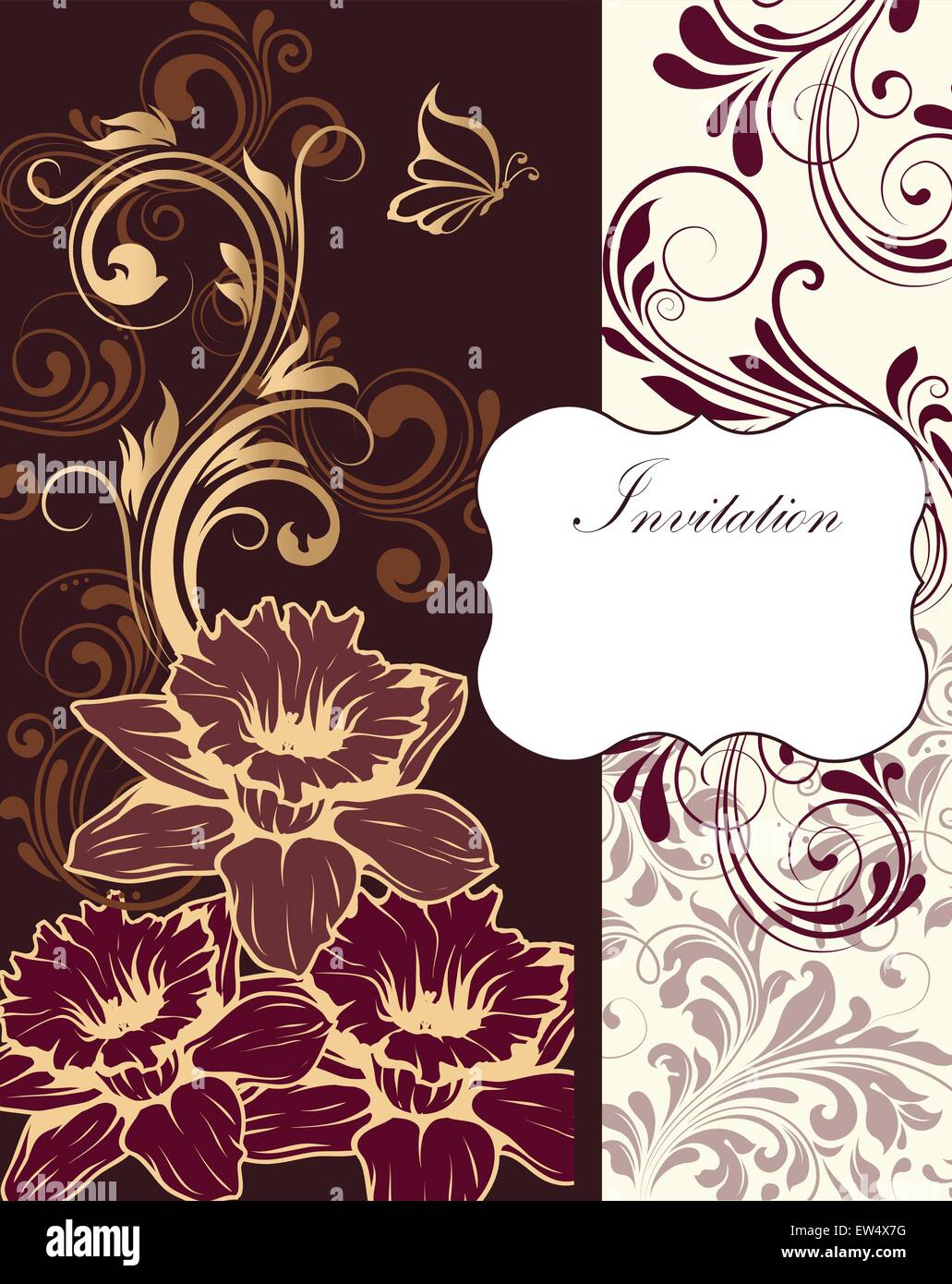 Vintage Einladungskarte mit verzierten elegante Retro abstrakt Floral Design, gold Hellbraun grau braun und lila Blüten und Blätter auf Schokolade braun und beige Hintergrund mit Plakette text Label. Vector Illustration. Stock Vektor