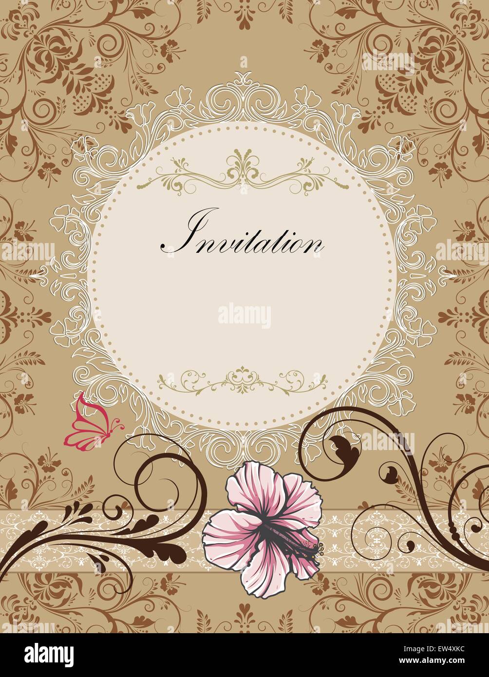 Vintage Einladungskarte mit verzierten elegante Retro abstrakt Floral Design, rosa Hellbraun und Schokolade braun Blumen und Blätter auf hellen grau-braunen Hintergrund mit Schmetterling Band und runde Text Label. Vector Illustration. Stock Vektor