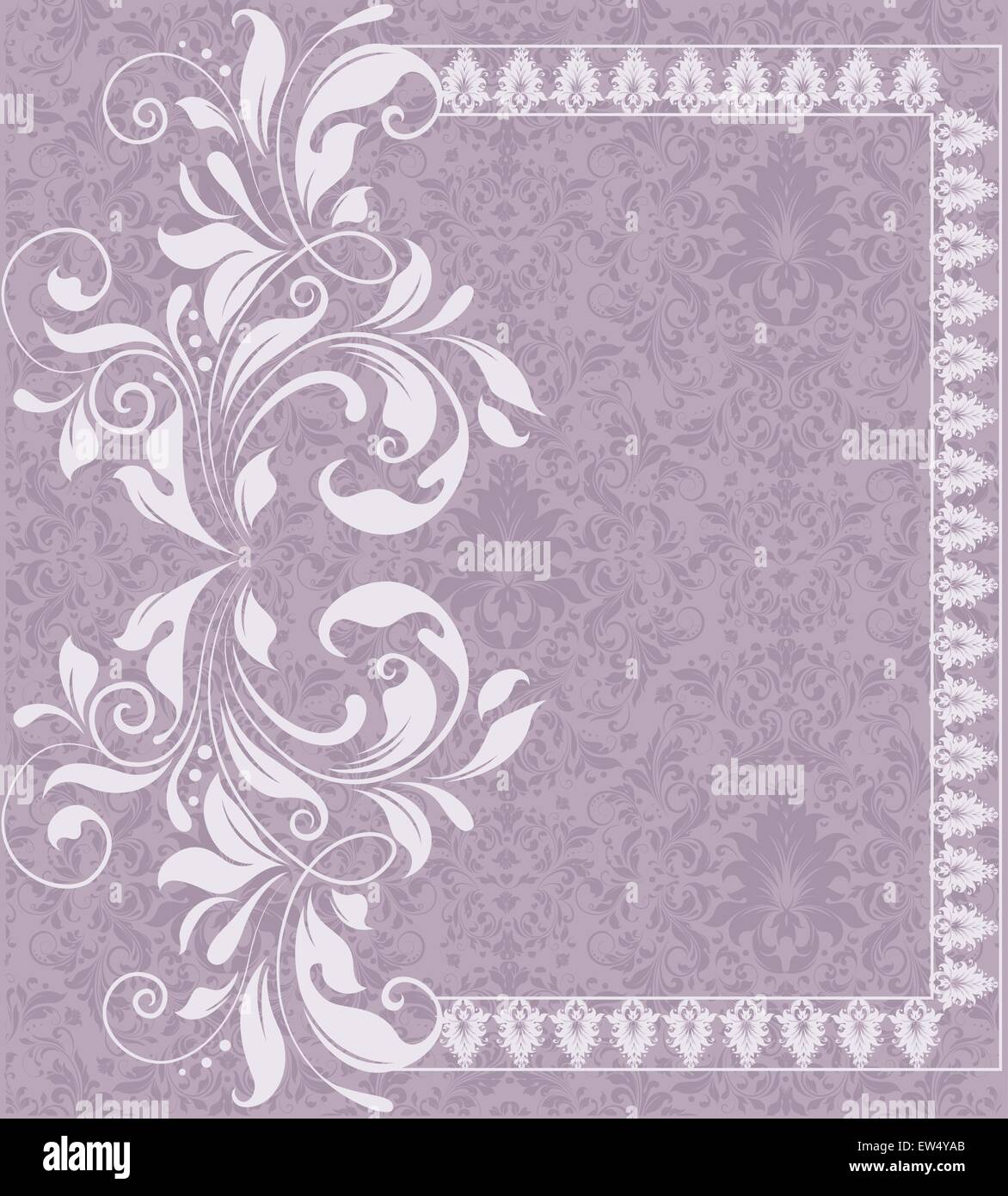 Vintage Einladungskarte mit verzierten elegante Retro abstrakt Floral Design, weißen Blüten und Blätter auf Leicht violette Hintergrund mit Frames und Text Label. Vector Illustration. Stock Vektor