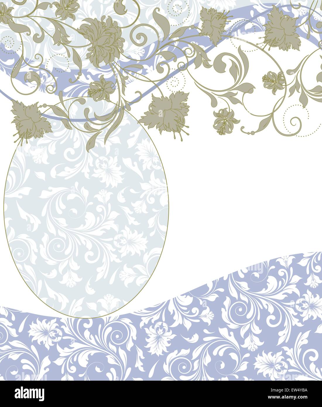 Vintage Einladungskarte mit verzierten elegante Retro abstrakt Floral Design, grünlich-graue und weiße Blüten und Blättern auf hellem Blau und Grün auf weißem Hintergrund mit den länglichen Beschriftung verblasst. Vector Illustration. Stock Vektor