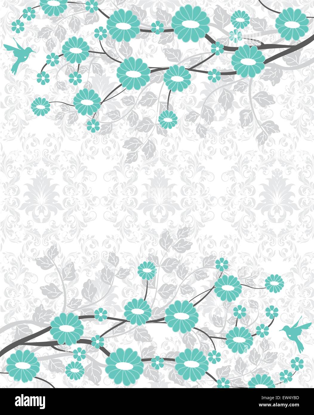 Vintage Einladungskarte mit verzierten elegante Retro abstrakt Floral Design, Aquamarin grün Blumen und Licht grau-grünen Blätter blass grün und weißen Hintergrund mit Vogel- und Beschriftung. Vector Illustration. Stock Vektor
