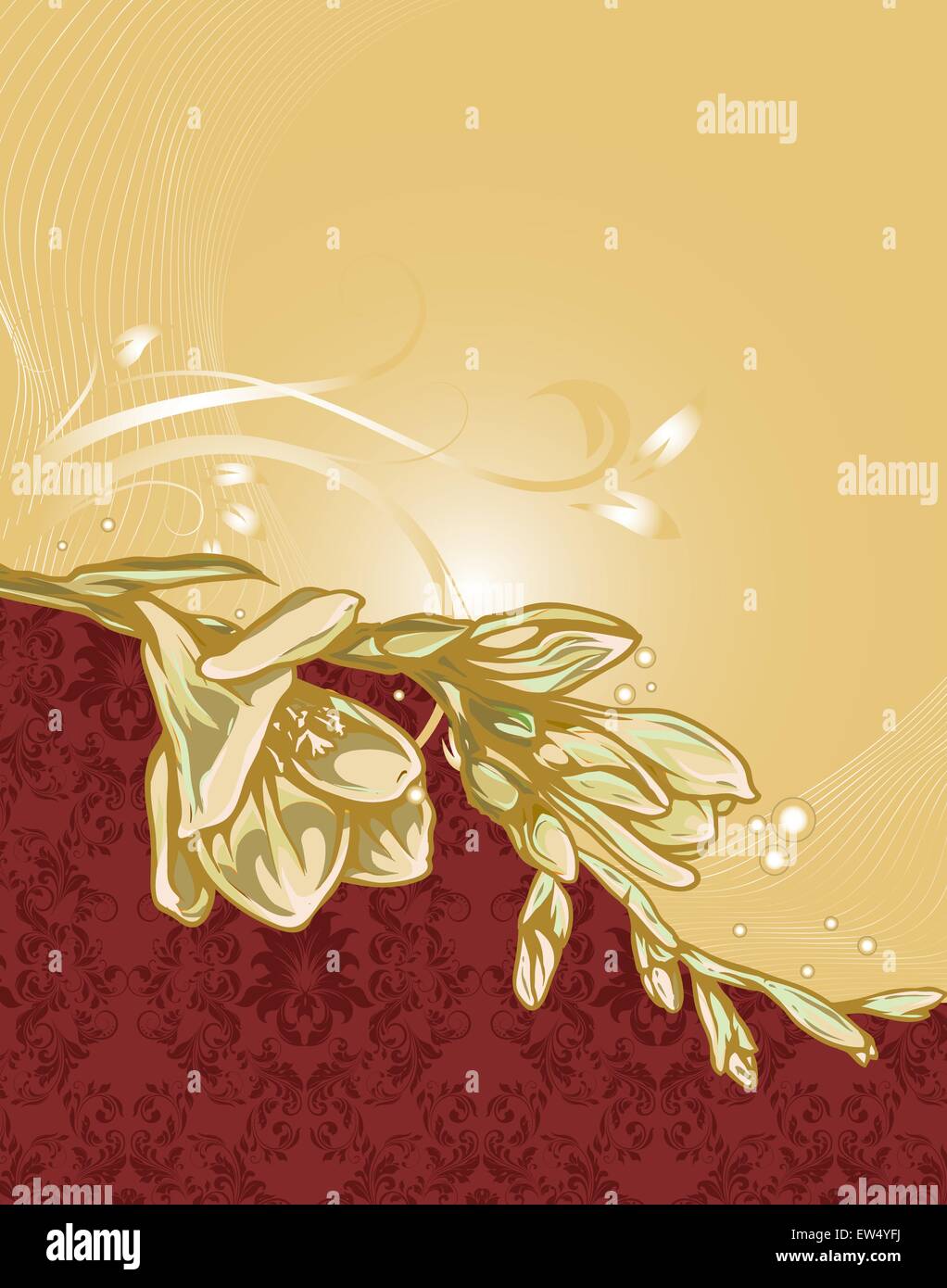 Vintage Einladungskarte mit reich verzierten elegante Retro-abstrakten floralen Design, goldenen gelben Blüten auf dunkelrot Stock Vektor