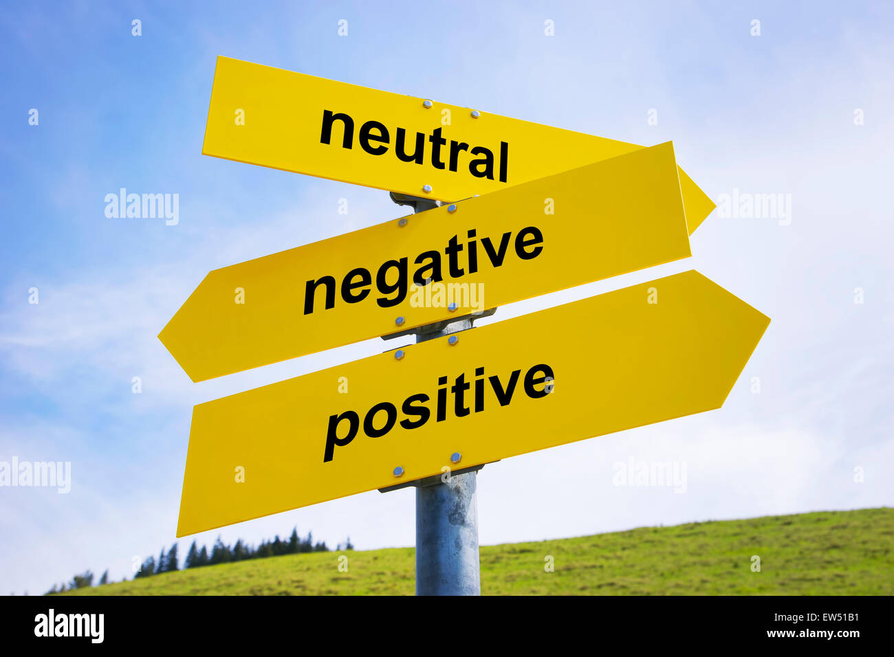 Drei gelbe Pfeil Schilder mit Beschriftung "positiv", "negativ" und "neutral" Stockfoto