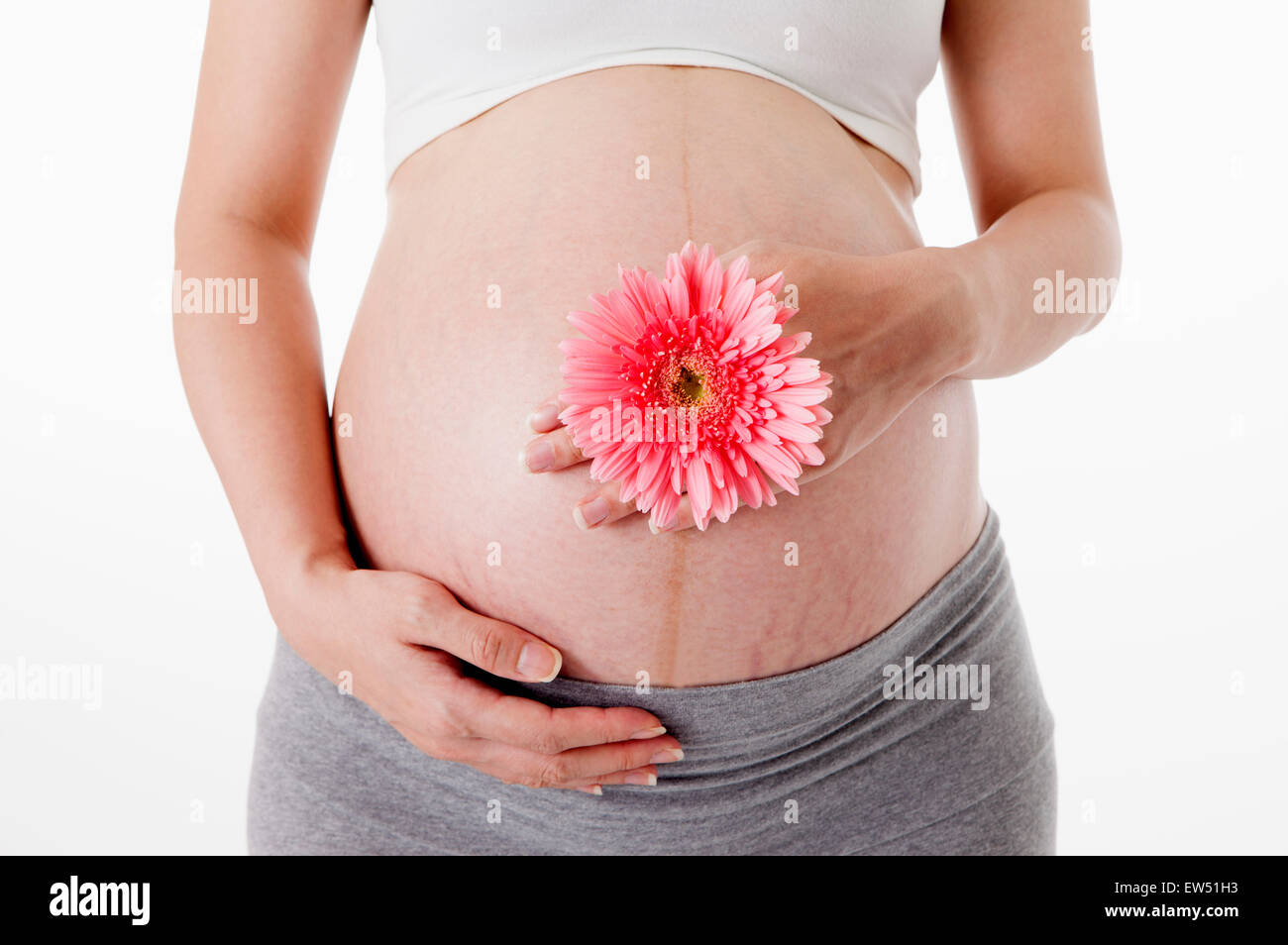 Schwangere Frau, die eine Blume auf dem Bauch, Stockfoto