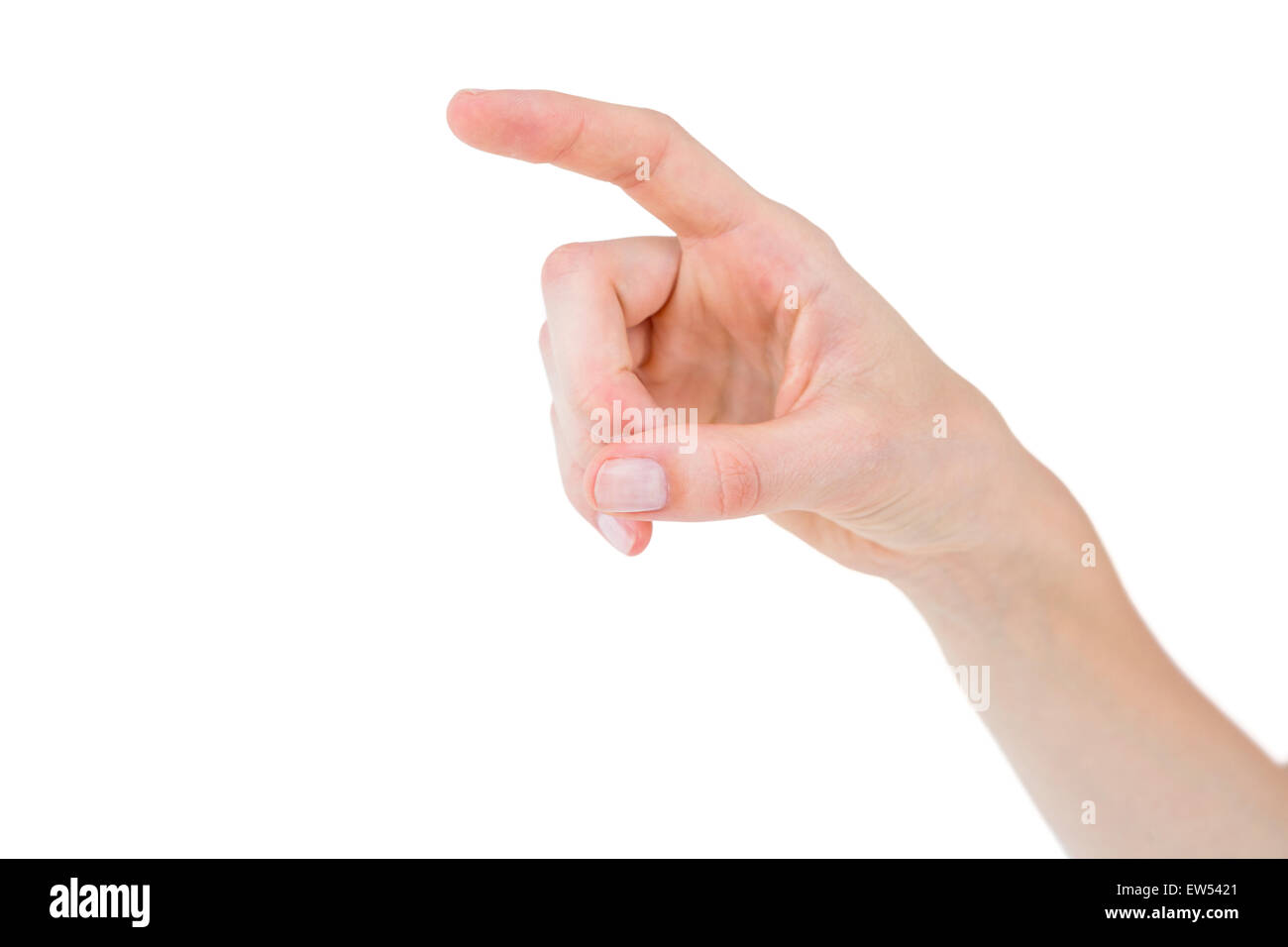 Frau zeigt mit dem finger Stockfoto