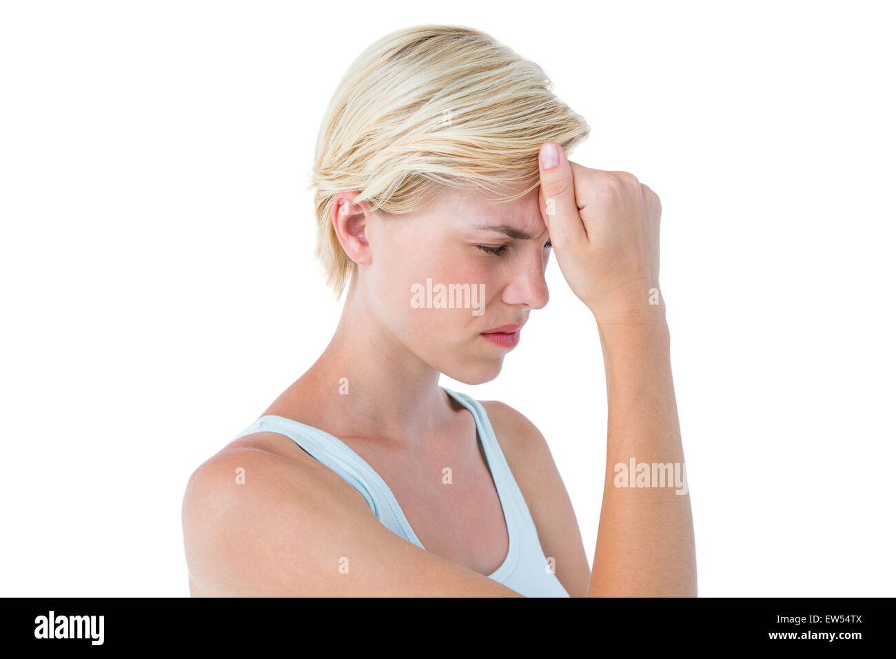 Attraktive Frau mit Kopfschmerzen Stockfoto