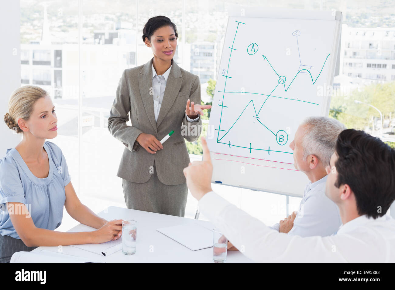 Geschäftsfrau, die erklären des Diagramms auf dem whiteboard Stockfoto