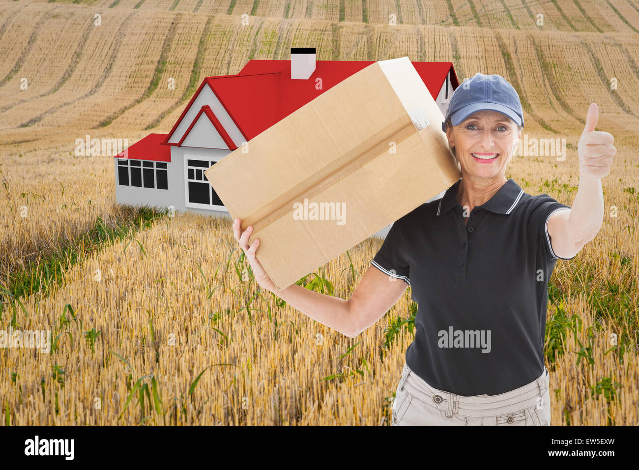 Zusammengesetztes Bild zufrieden Lieferung Frau mit Karton Stockfoto
