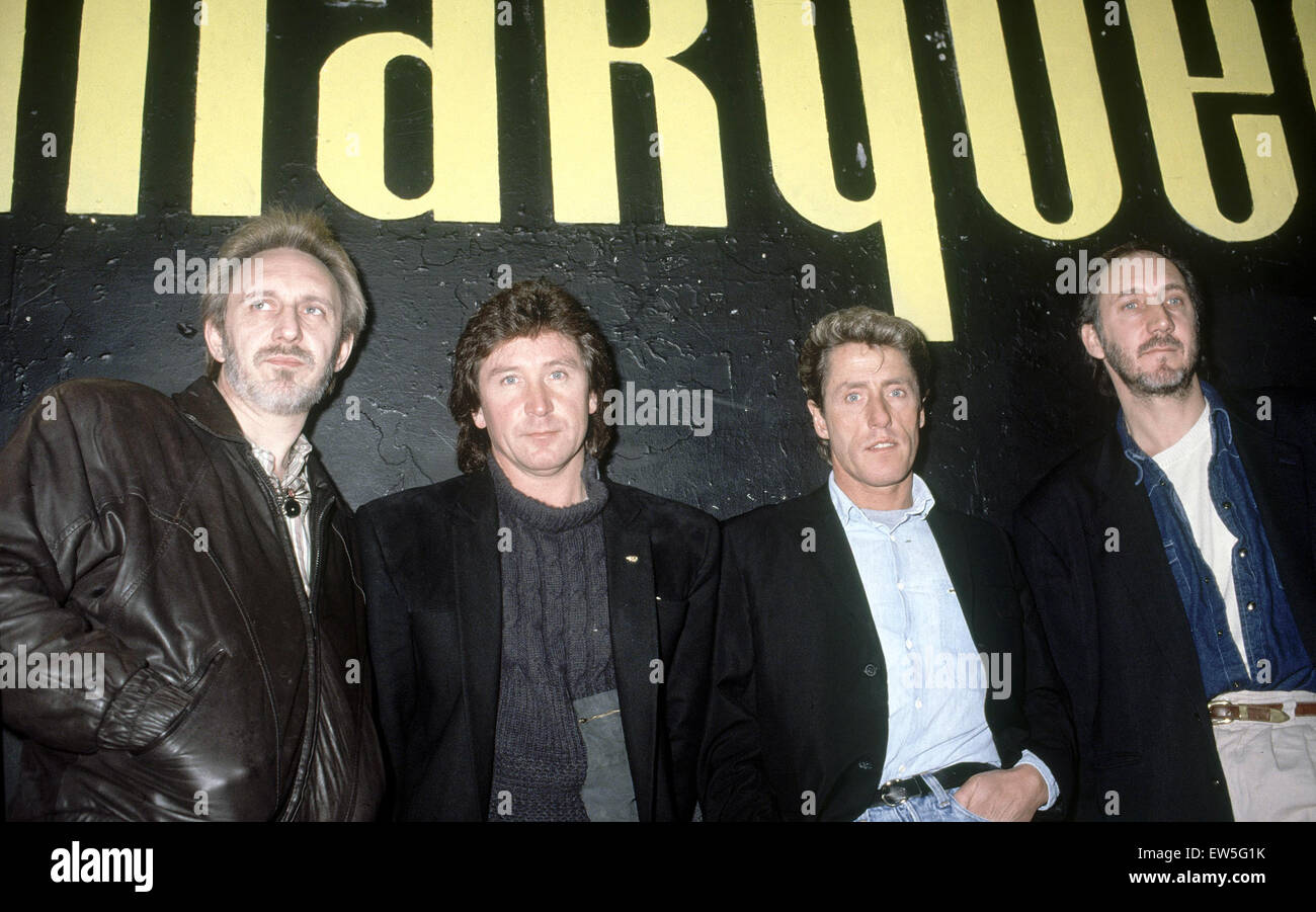 Britische Rockgruppe The Who, abgebildet im Marquee Club in London.  Von links nach rechts: Pete Townshend, Roger Daltrey, John Entwistle und Kenney Jones. 2. März 1988. Stockfoto