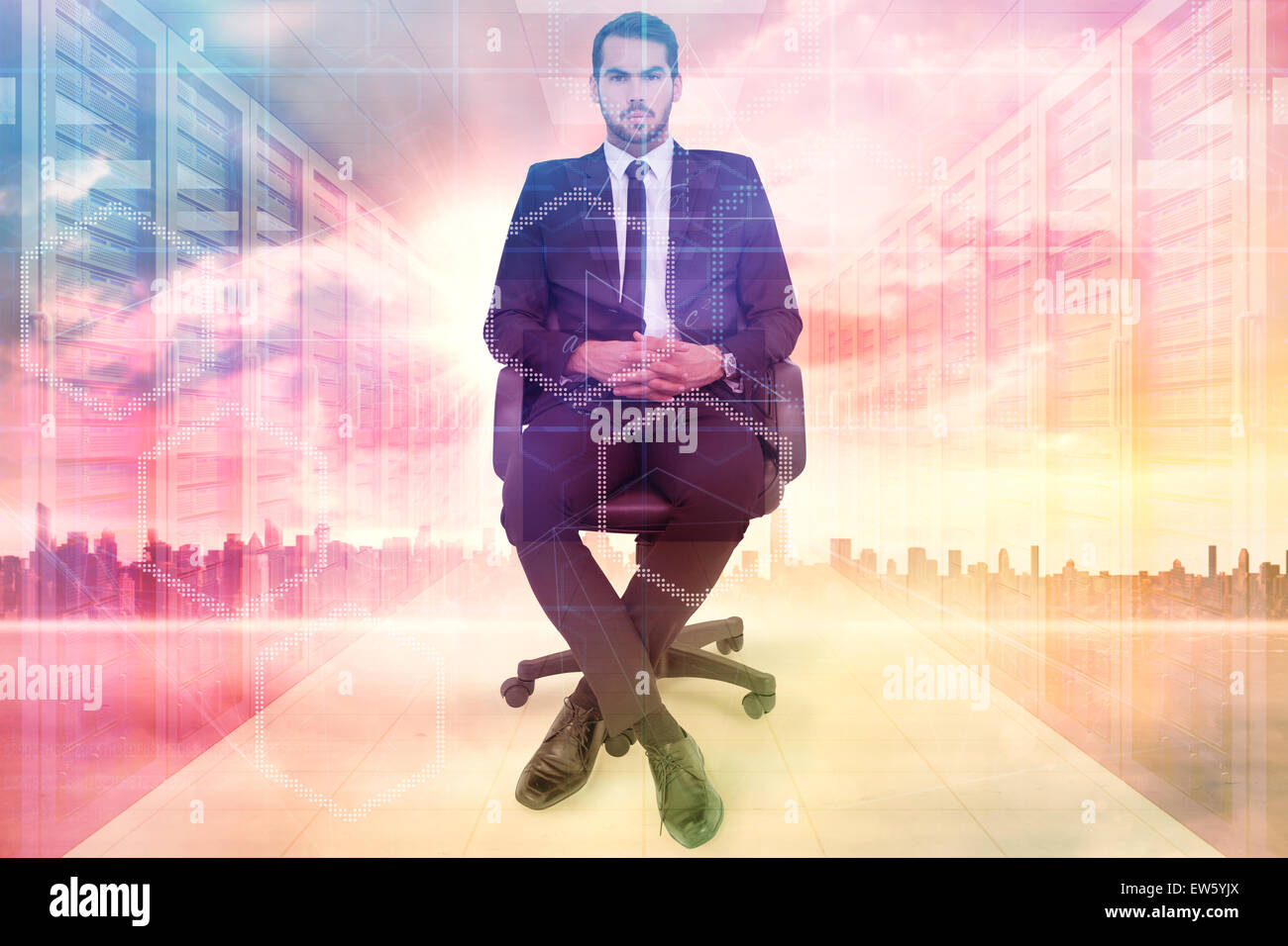 Zusammengesetztes Bild Heck Geschäftsmannes sitzen auf einem Bürostuhl Stockfoto