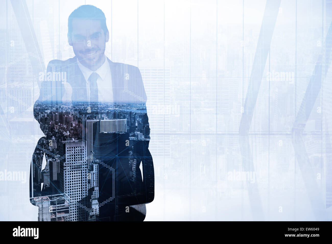 Zusammengesetztes Bild des lächelnden Geschäftsmann auf einem Stuhl Büro bietet handshake Stockfoto