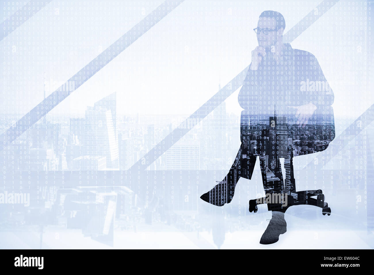 Zusammengesetztes Bild nachdenklich Geschäftsmann sitzt auf einem Drehstuhl Stockfoto