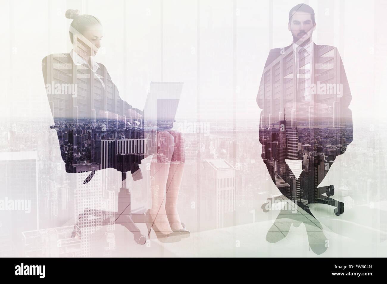 Zusammengesetztes Bild Heck Geschäftsmannes sitzen auf einem Bürostuhl Stockfoto