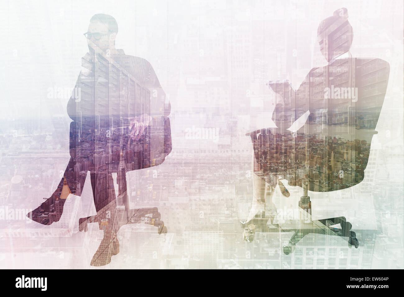 Zusammengesetztes Bild nachdenklich Geschäftsmann sitzt auf einem Drehstuhl Stockfoto
