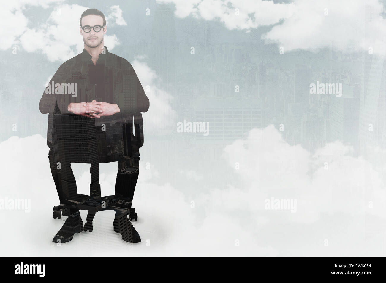 Zusammengesetztes Bild Heck Geschäftsmannes sitzen auf einem Bürostuhl Stockfoto