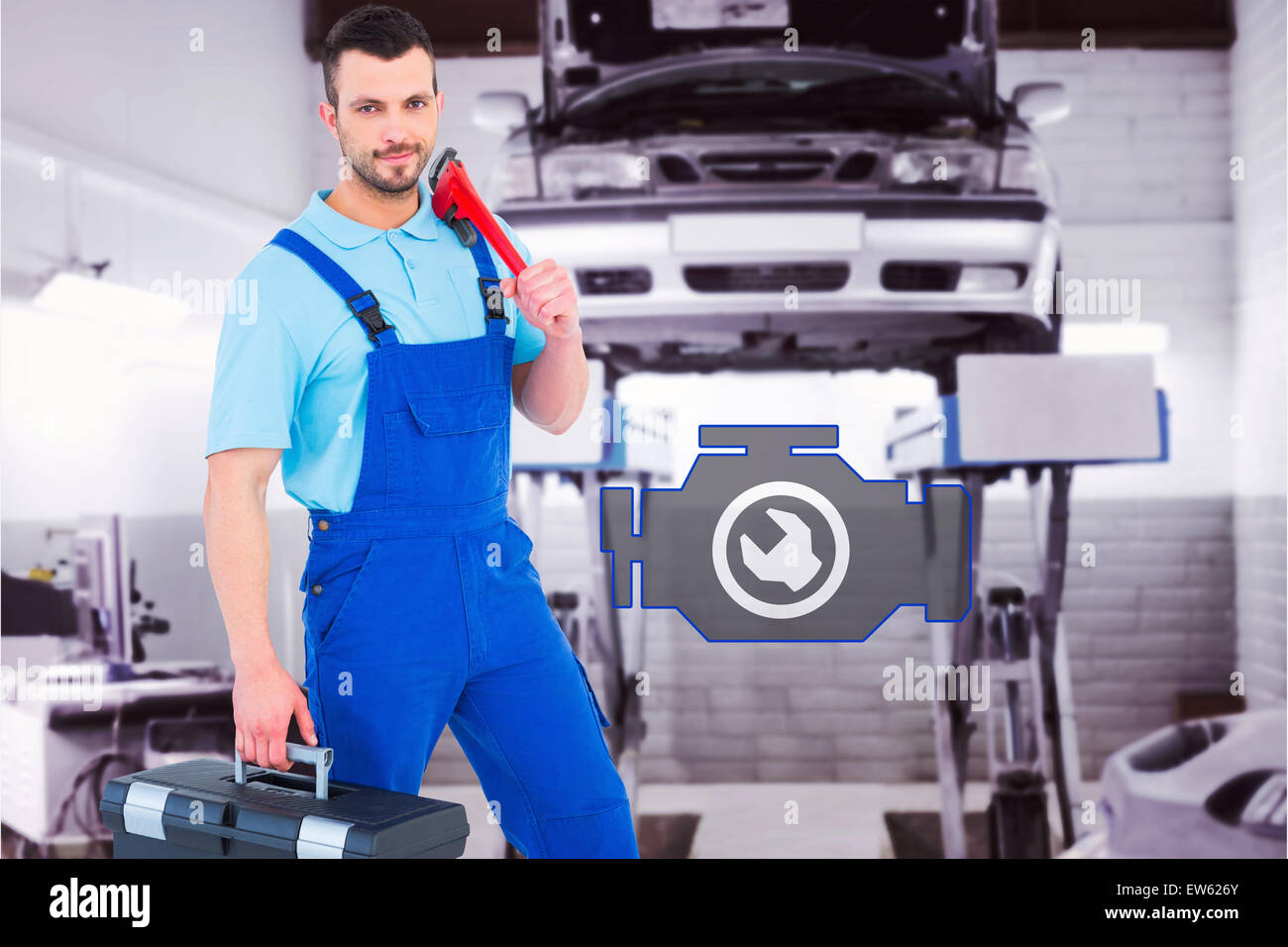 Zusammengesetztes Bild der Mechaniker mit Werkzeugkiste und Schraubenschlüssel Stockfoto