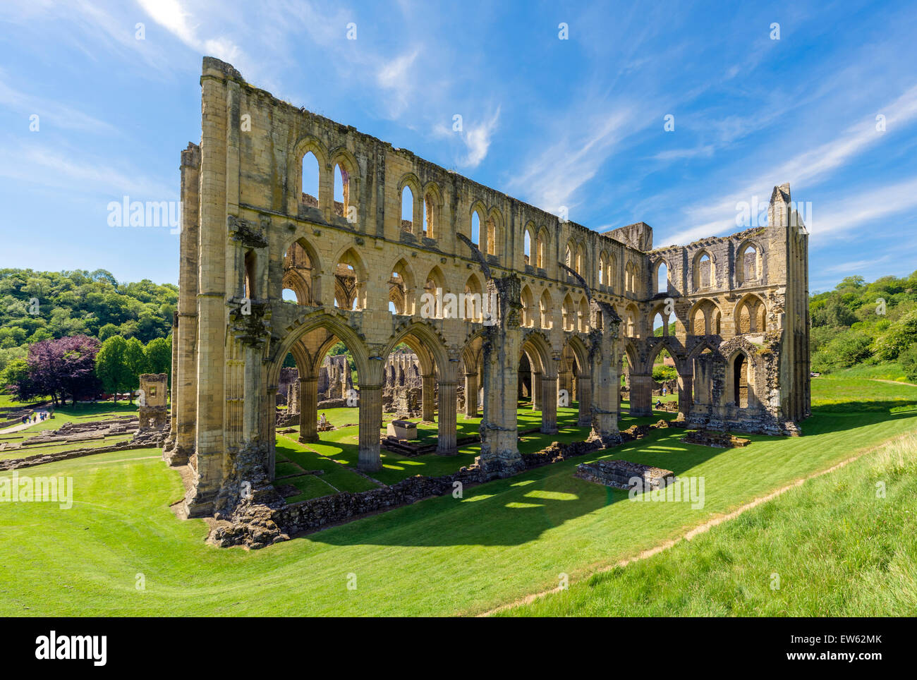 Ruinen von Rievaulx Abbey, in der Nähe von Helmsley, North Yorkshire, England, UK Stockfoto
