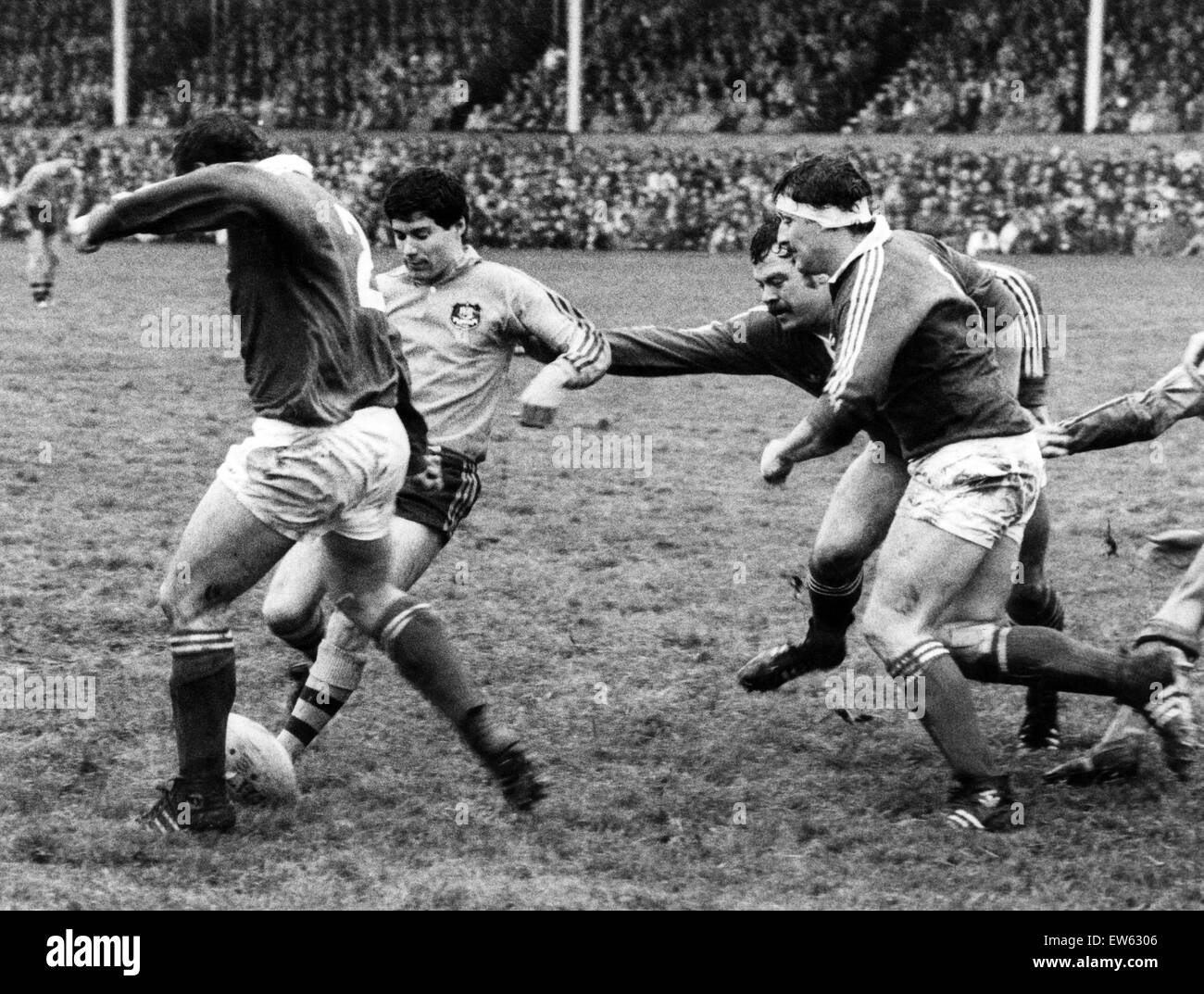 Llanelli V Australia Rugby match, während der Australien-Tour von Großbritannien und Irland. Llanelli gewonnen: Llanelli 19, Australien 16. Llanelli Hooker Kerry Townley, Kugel an seinen Füßen fährt in Richtung der Aussies. 20. November 1984. Stockfoto