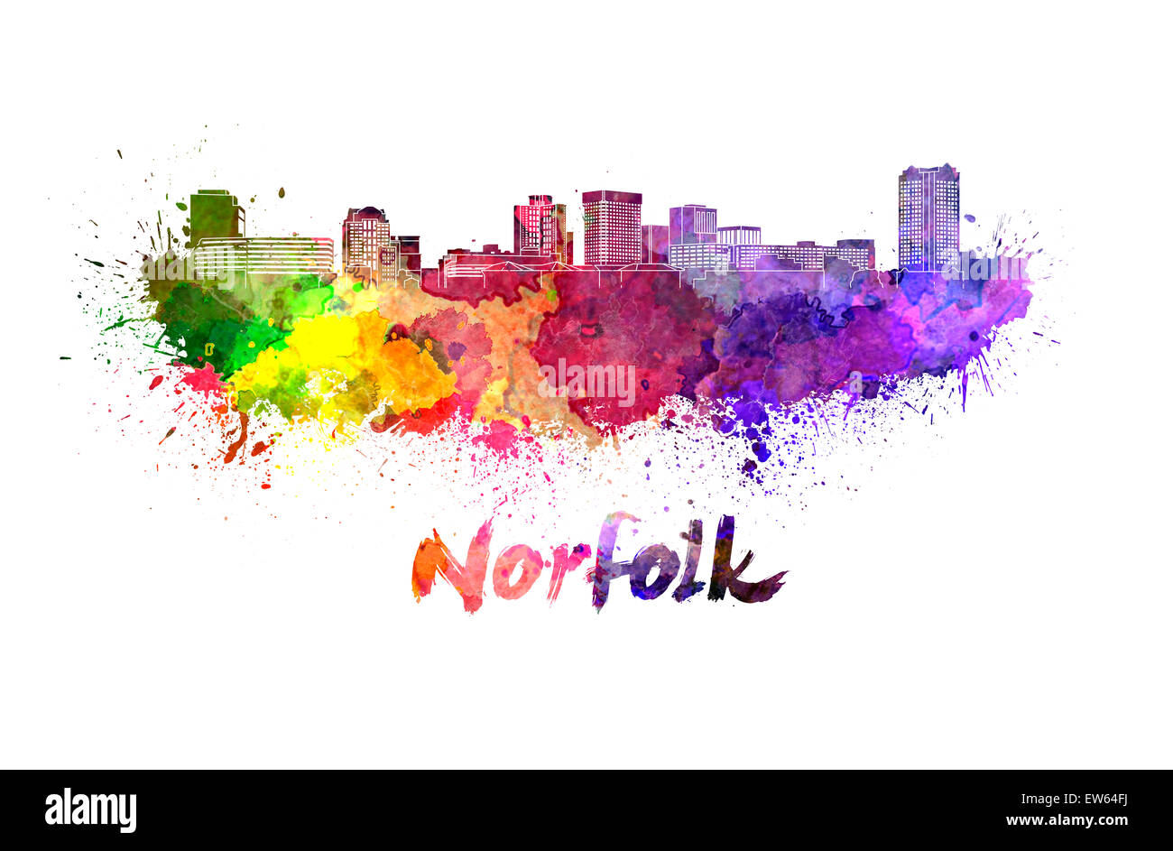 Skyline von Norfolk in Aquarell Spritzer mit Beschneidungspfad Stockfoto