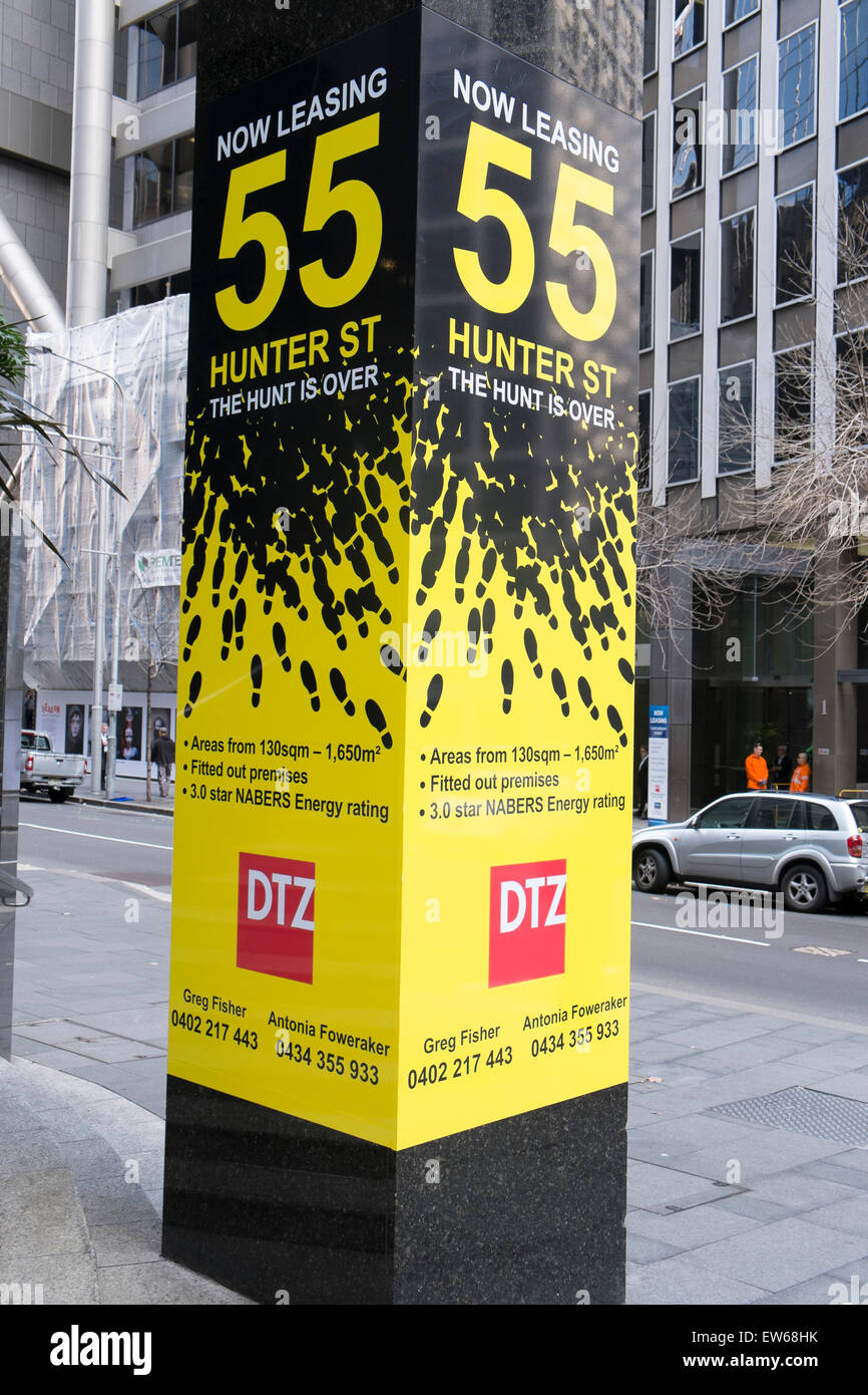 DTZ-Immobilien-Agentur Werbung gewerblichen Büroflächen zu vermieten bei 55 Hunter street im Stadtzentrum von Sydney, Australien Stockfoto