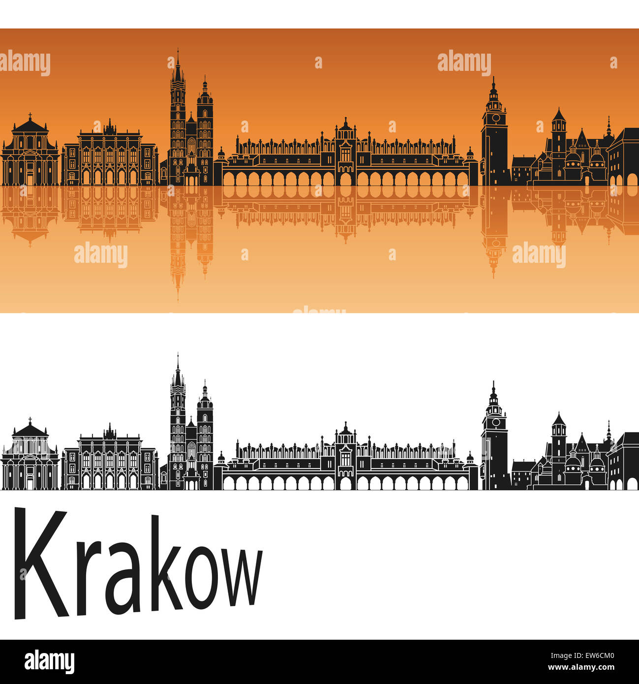 Skyline von Krakau in orangem Hintergrund in bearbeitbare Vektordatei Stockfoto