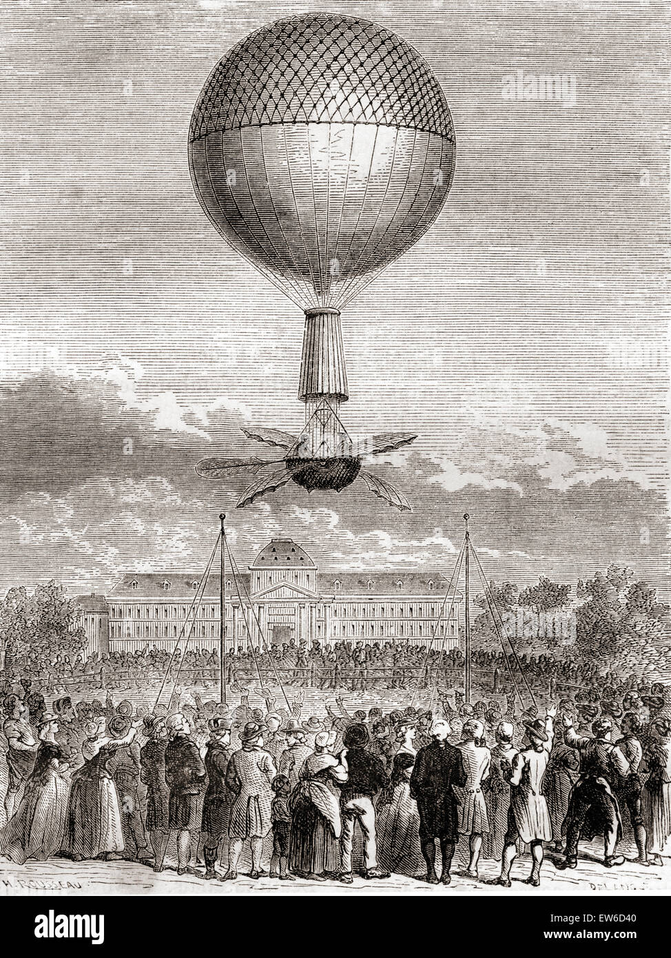 Die erste erfolgreiche Ballonfahrt von Jean-Pierre François Blanchard (1753 – 1809) auf 2. März 1784, in einem Wasserstoff-Gas-Ballon ins Leben gerufen von dem Champ de Mars, Paris, Frankreich. Stockfoto
