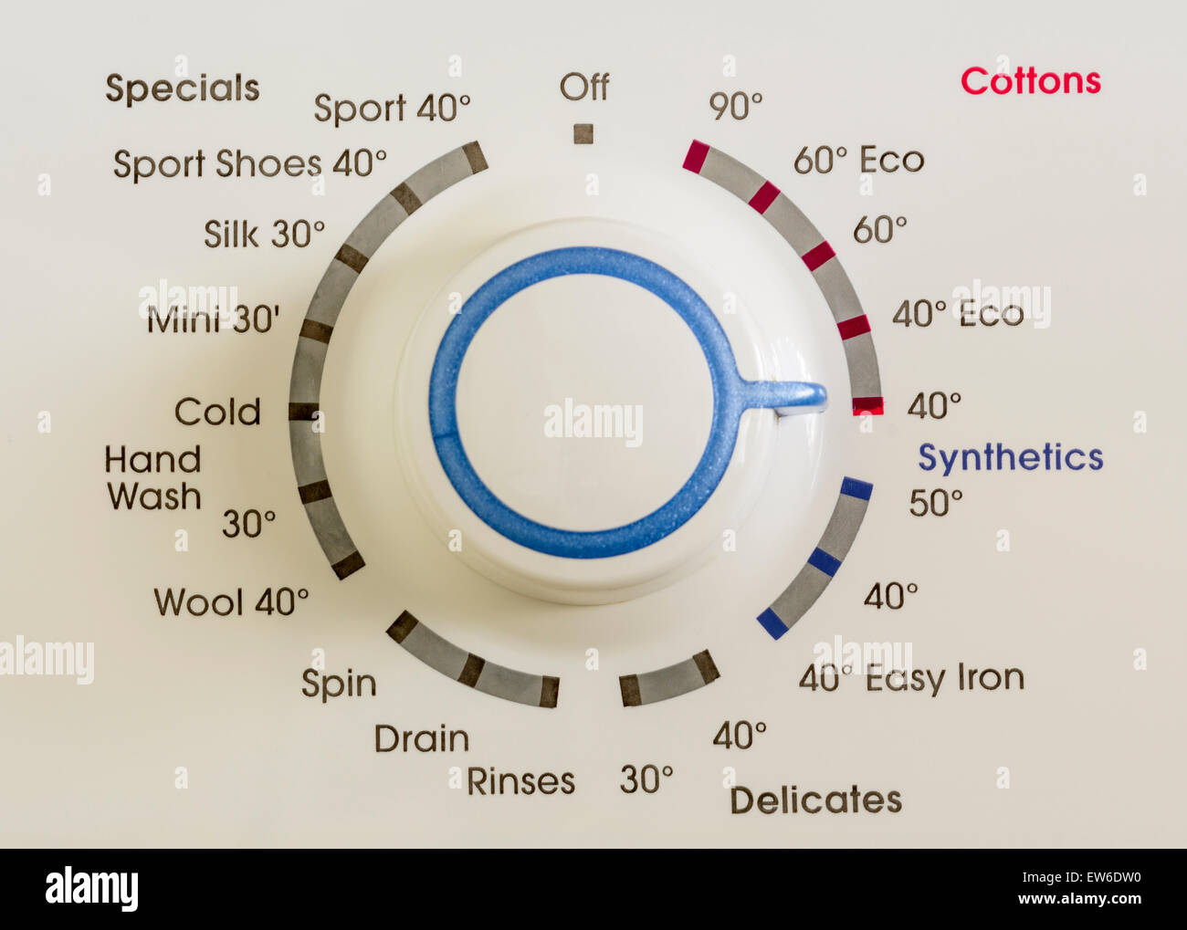 Programm-Wahl-Drehregler auf eine Waschmaschine. Stockfoto