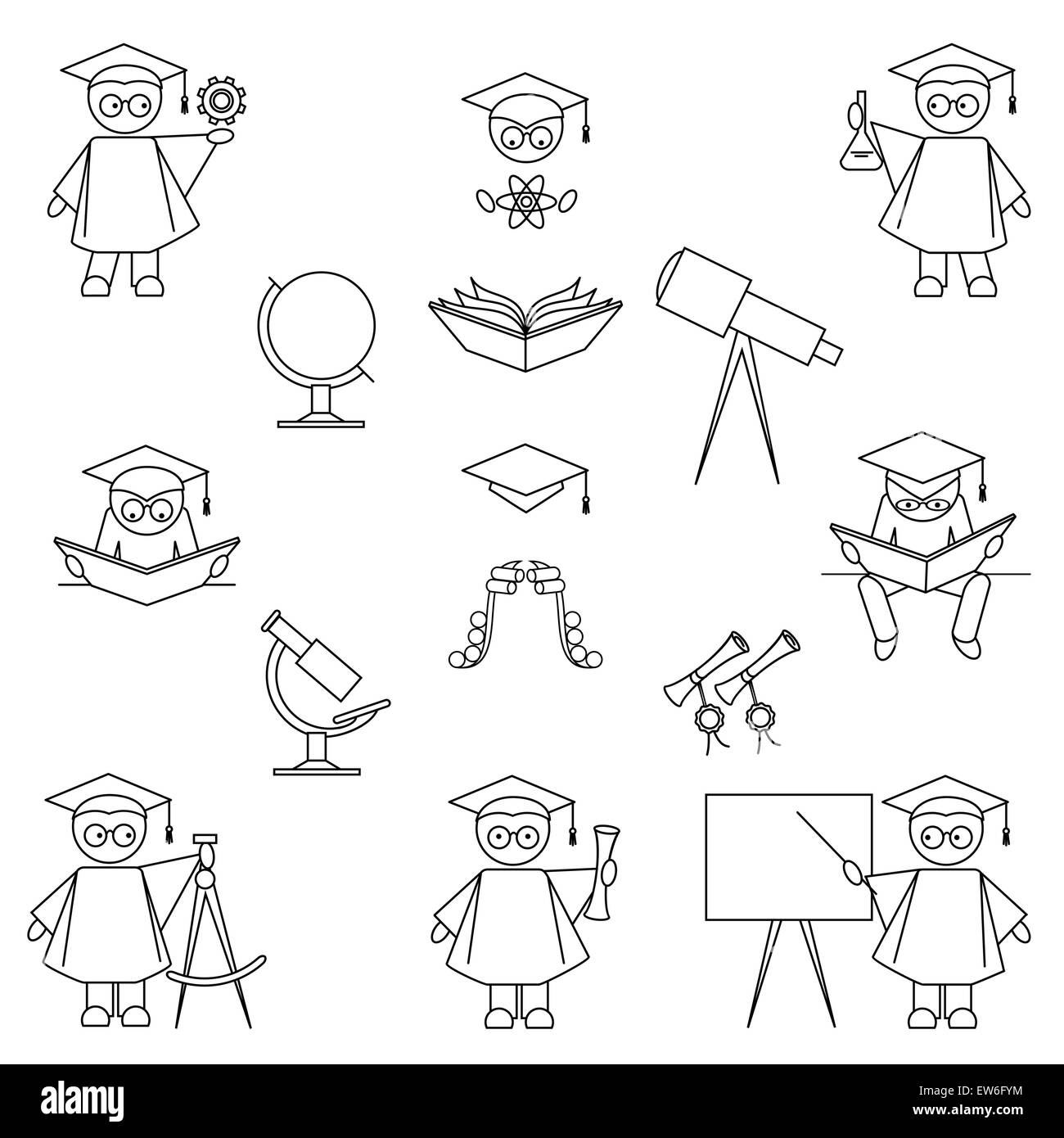 Wissenschaftler und Bildung-Icon-Set. Dünne Linie Art-Stil. Isoliert auf weißem Hintergrund Stock Vektor