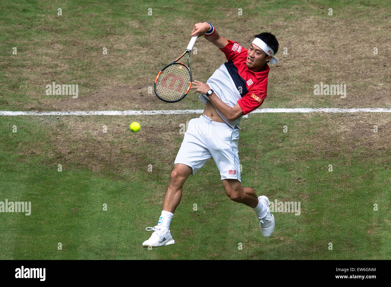 Halle, Deutschland. 18. Juni 2015. Kei Nishikori Japans in Aktion in der Runde der 16 Spiel gegen Dustin Brown Deutschlands während der ATP-Tennisturnier in Halle, Deutschland, 18. Juni 2015. Foto: MAJA HITIJ/Dpa/Alamy Live News Stockfoto